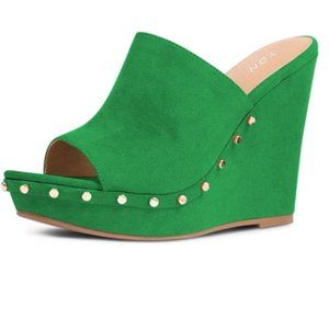 YDN Studded High Heel Wedge Sandals Open Toe Platform Mules Shoes